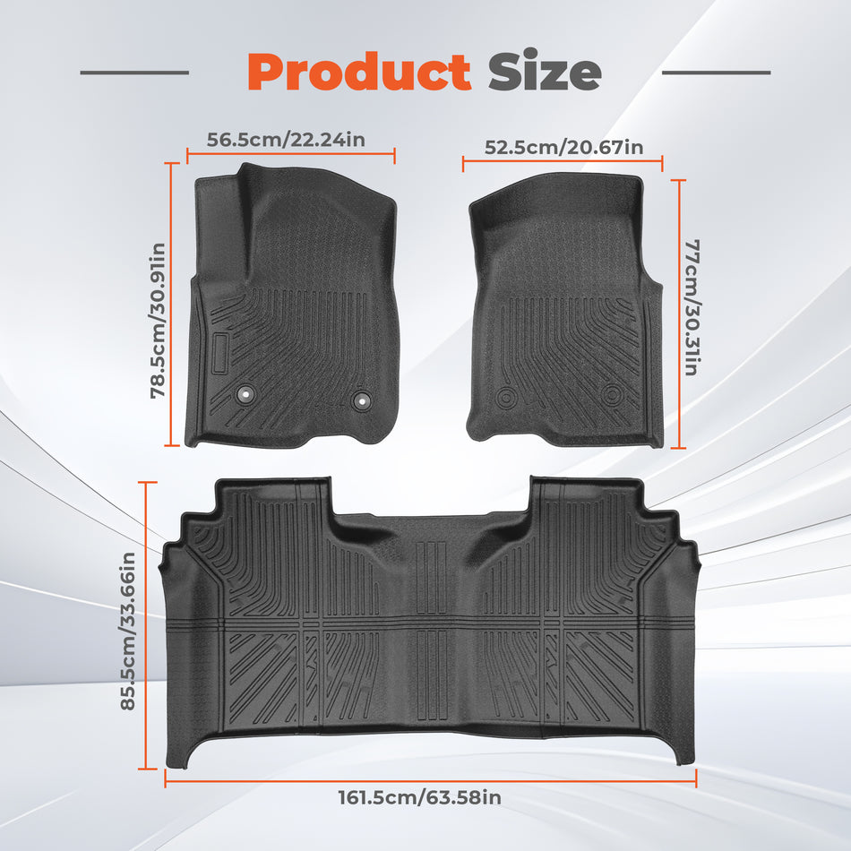 Black 3Pcs Front and Rear TPE Car Floor Mats Replacement for Silverado 1500 Replacement for Sierra 1500 Crew Cab 2019-2026 with Rear Storage