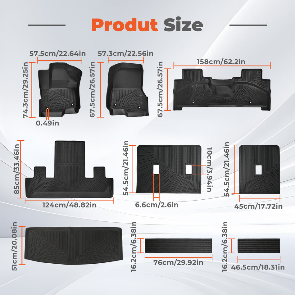 Full Set TPE Floor Mats Cargo Backrest Liners for 2018-2025 Ford Expedition 7 Seats
