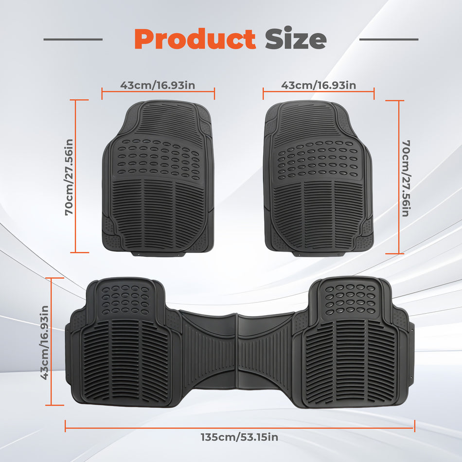 3 In 1 Car Floor Mats Front Rear Rubber Black Universal Fit Carpet Set