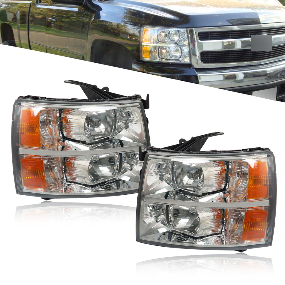 Labwork Left+Right Headlight For 2007-2013 Chevy Silverado Halogen Type Black Smoke Lens