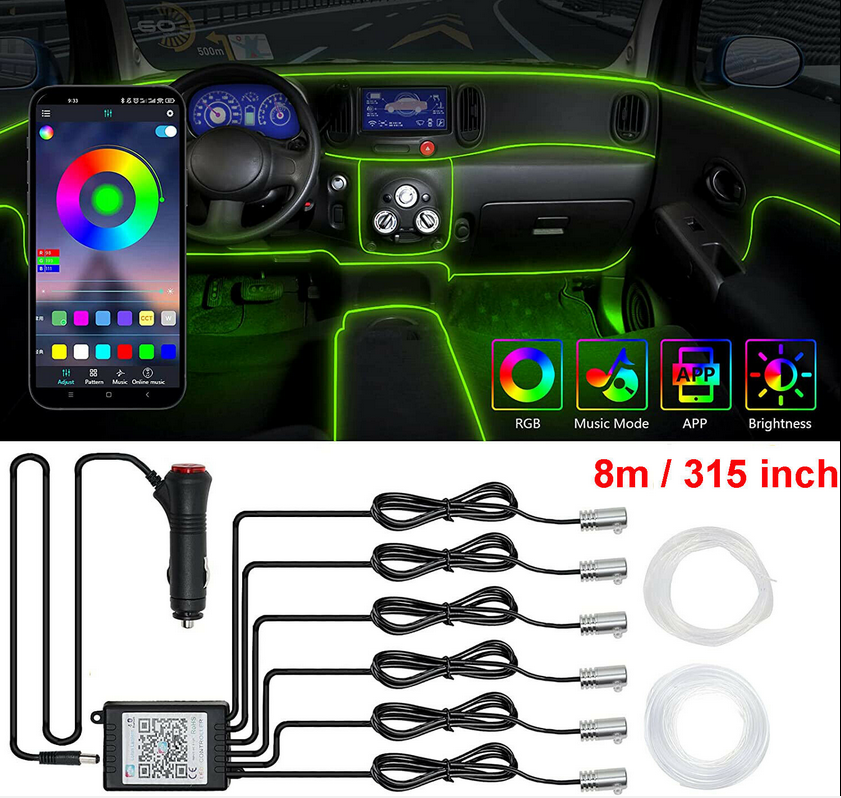 labwork 6M RGB LED Car Interior Fiber Optic Neon EL Wire Strip Atmosphere Light APP