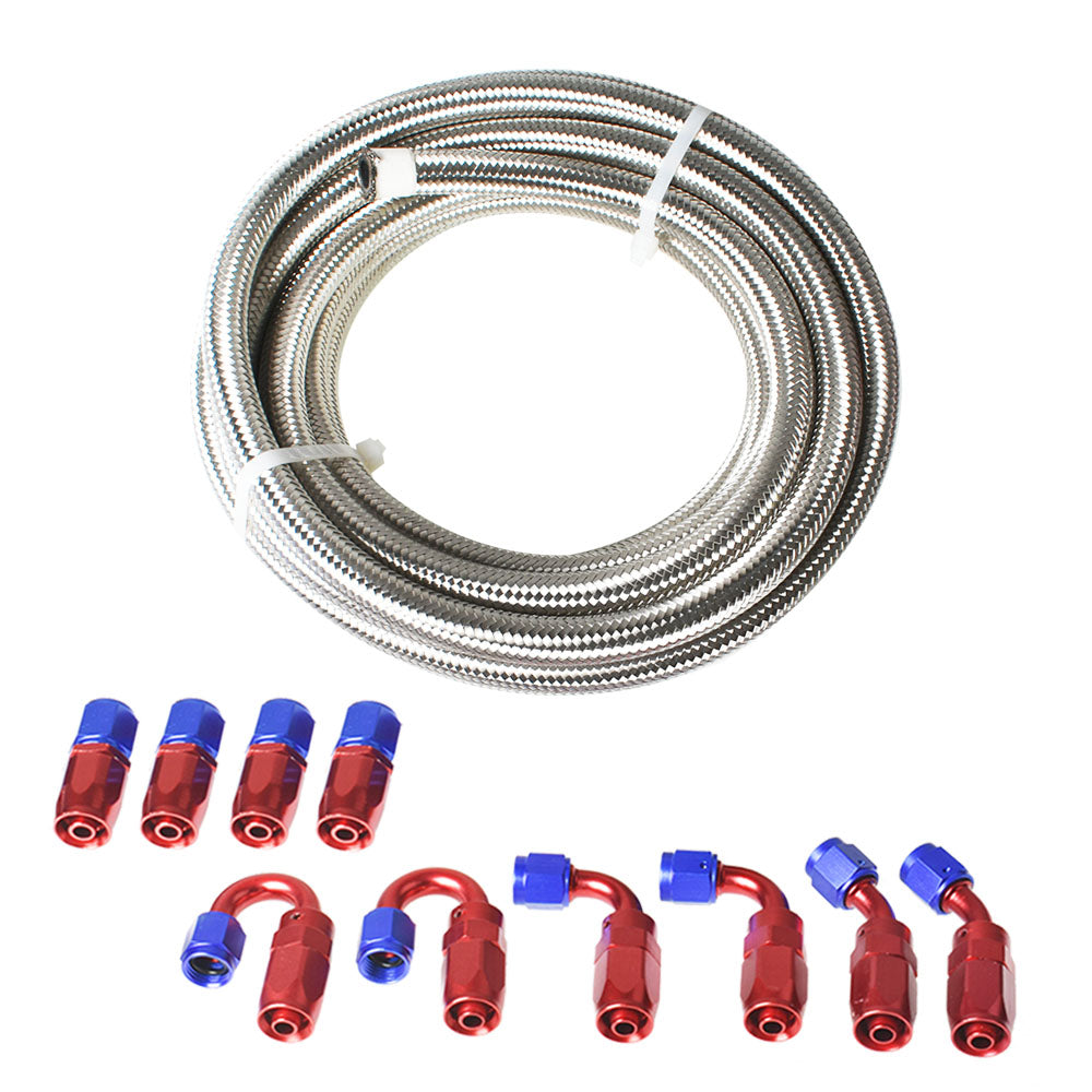 20 Feet 4AN Stainless Steel Braided Fuel Line Filler Feed Hose With 10pcs Swivel Fitting Hose End Kit, Blue & Red Swivel Fittings Silver Fuel Hose