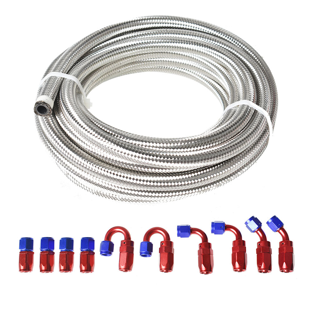 20 Feet 4AN Stainless Steel Braided Fuel Line Filler Feed Hose With 10pcs Swivel Fitting Hose End Kit, Blue & Red Swivel Fittings Silver Fuel Hose