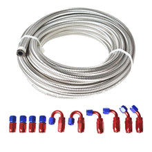 Load image into Gallery viewer, 20 Feet 4AN Stainless Steel Braided Fuel Line Filler Feed Hose With 10pcs Swivel Fitting Hose End Kit, Blue &amp; Red Swivel Fittings Silver Fuel Hose