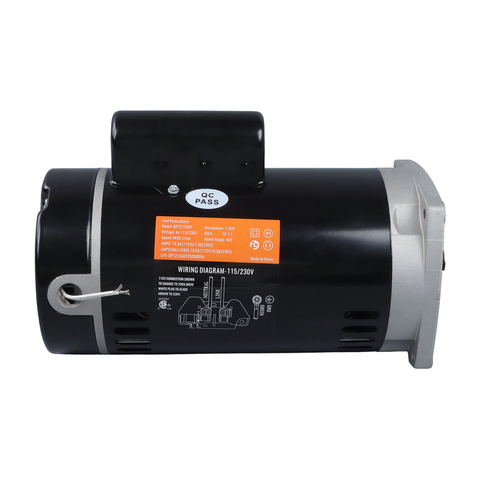 SP2610X15 UST1152 Pool Pump Motor Square Foot 3450rpm 115/230volts 1.5hp Single Speed 56J Frame Square Flange 9.3/18.6amperes