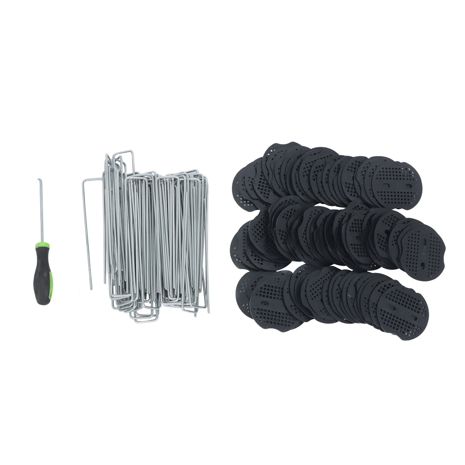 6 Inch 11 Gauge 100pcs Galvanized Garden Stakes 100pcs Gaskets 1pick Hook Landscape Staples Set Replacement for Weed Fabric Barrier