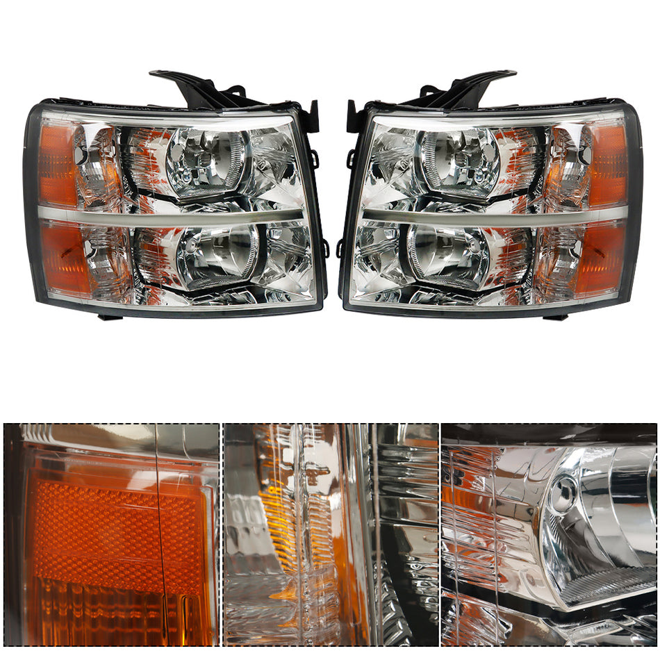 Labwork Left+Right Headlight For 2007-2013 Chevy Silverado Halogen Type Black Smoke Lens