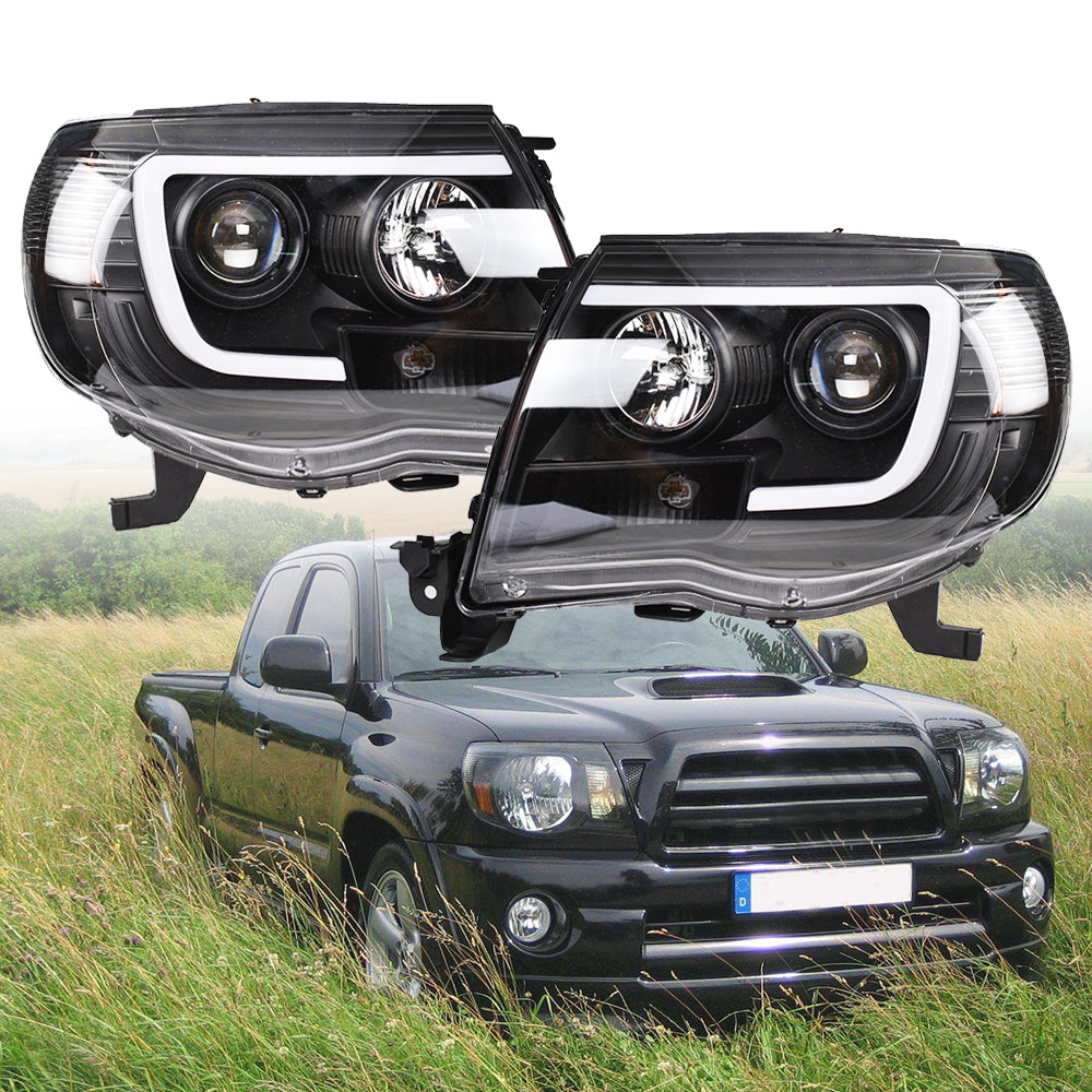 Clear LED Tube Projector Headlights Headlamps Black For Toyota Tacoma 2005-2011