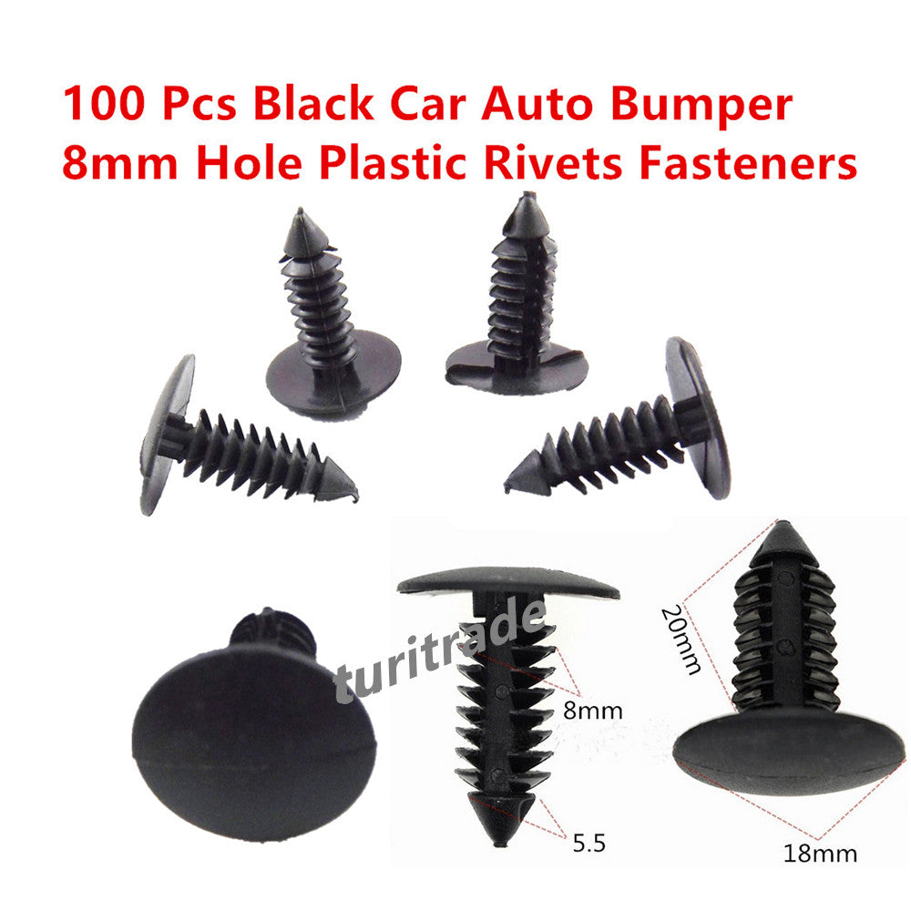 100 Pcs Black Plastic Rivets Fasteners 8mm Dia Hole for Car Auto Bumper Fender Lab Work Auto
