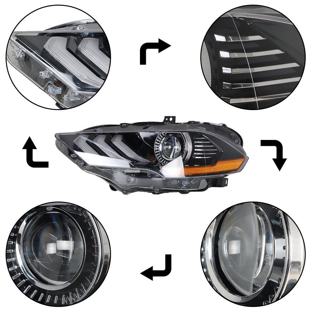 Left Headlight For 2018-2020 Ford Mustang Clear Lens Black Projector LED Type