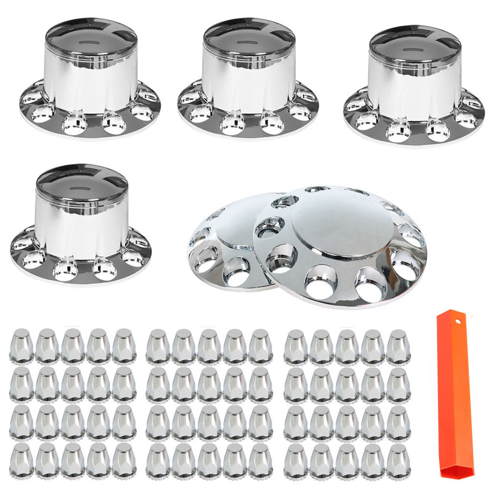 33mm Lug Front & Rear Complete Chrome Hub Cover Semi Truck Wheel Kit Axle Cover Lab Work Auto