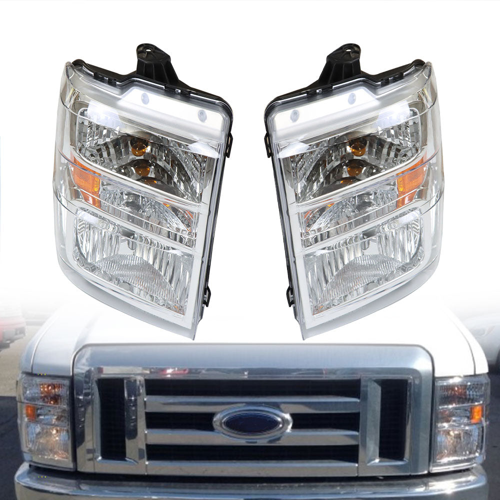 Right+Left Headlight For 2008-2014 Ford E150 E250 E350 E450 F650 F750 Halogen