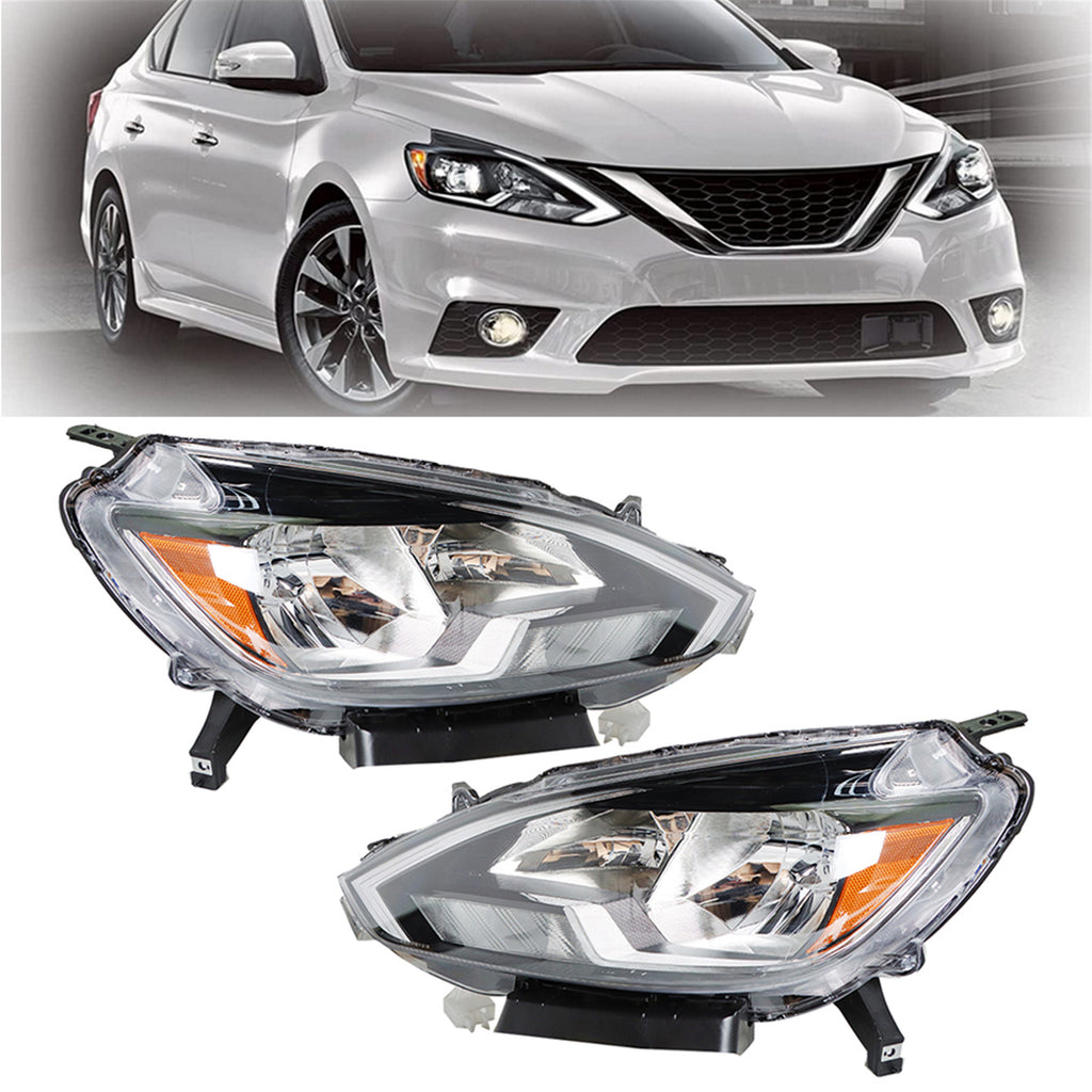 Headlights Replacement for 2016-2019 Nissan Sentra Halogen Type Projector Headlights Lamps Assembly Pair Left + Right (Passenger + Driver) Side