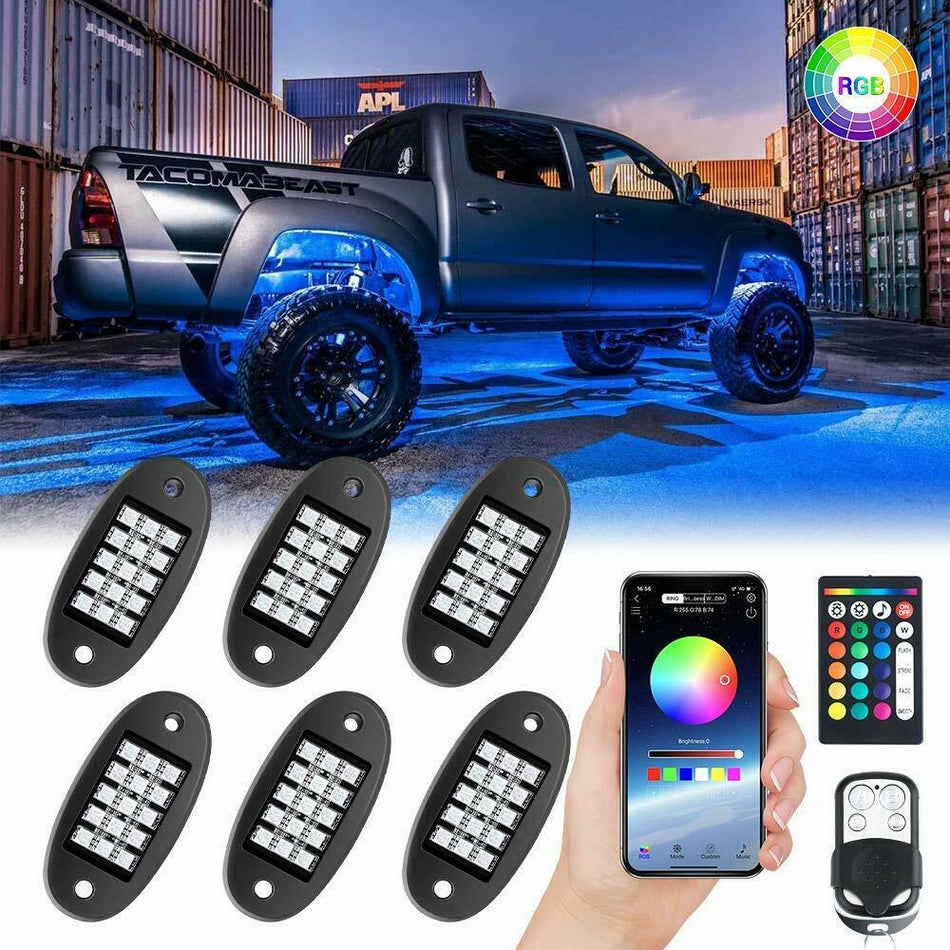 6 Pods RGB LED Rock Lights Wireless APP Music Chasing Offroad ATV 12V-24V Lab Work Auto