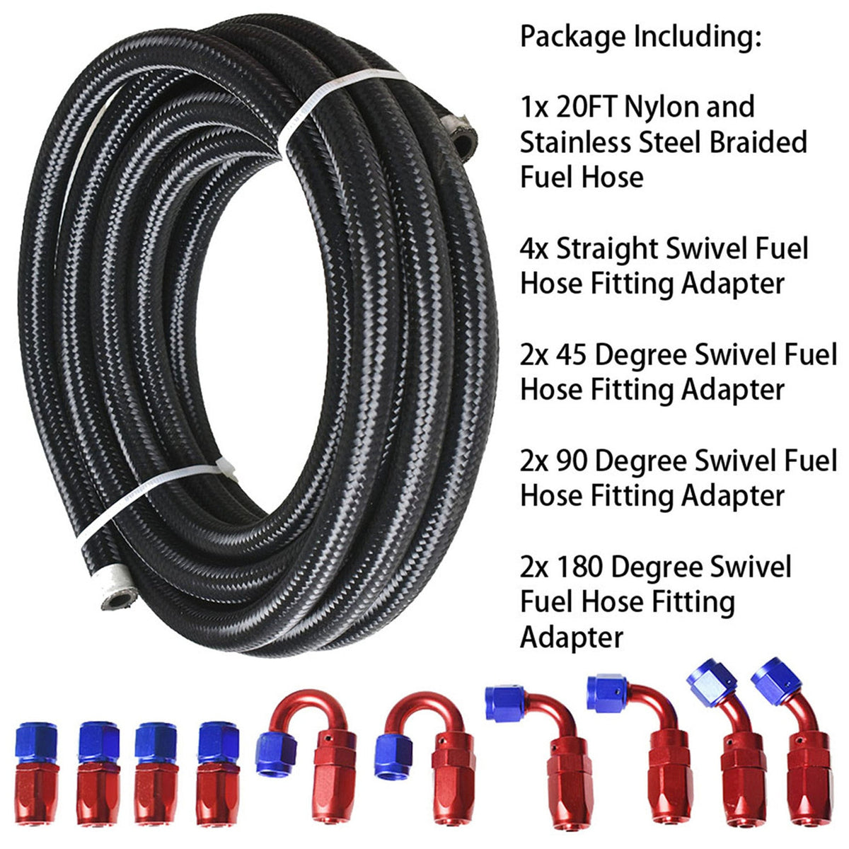 6AN Fuel Line Hose Kit, 20FT Nylon Stainless Steel Braided Fuel Line Oil/Gas/Fuel Hose with 10PCS 6AN Swivel Fuel Hose Ends Fitting Adapter Kit Lab Work Auto 