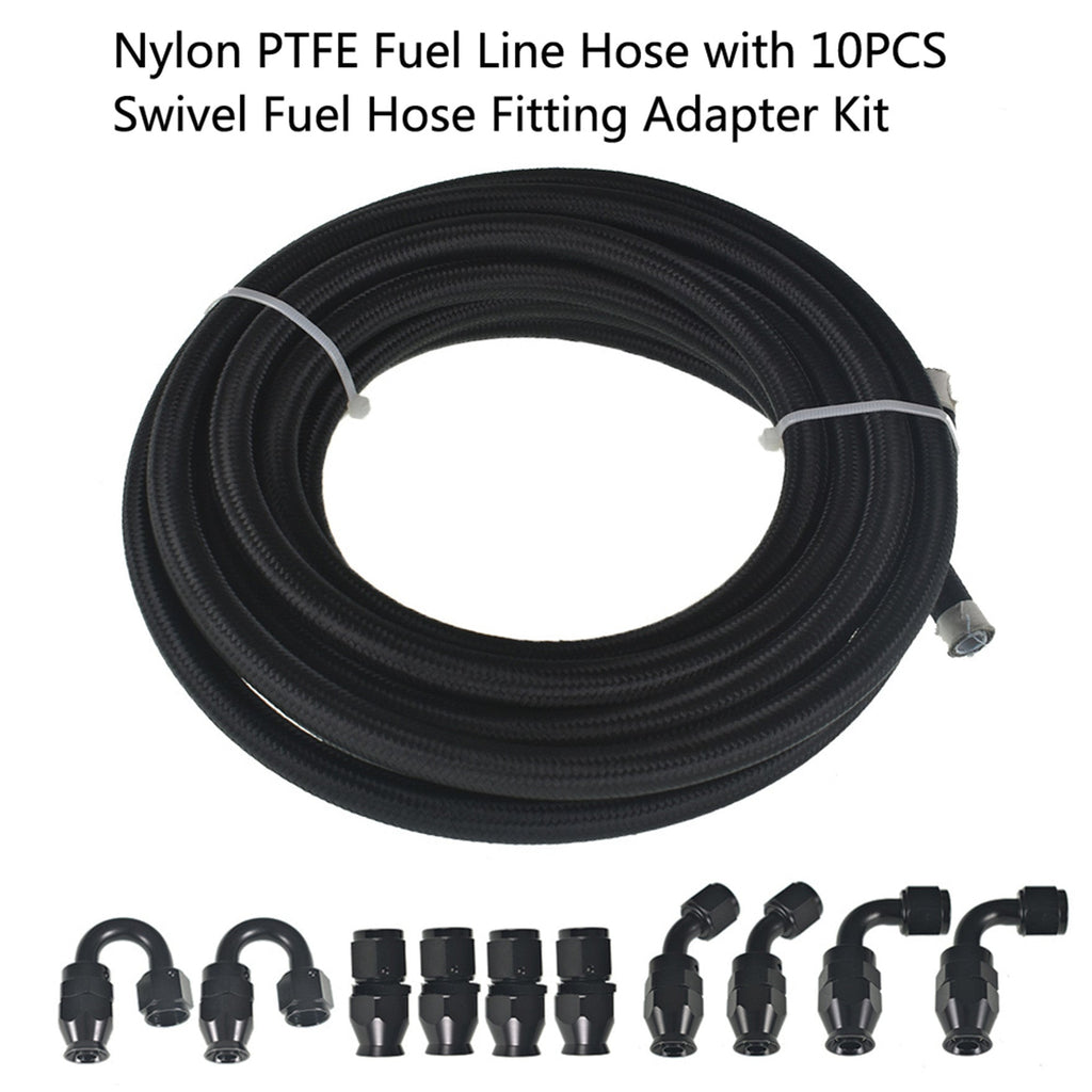 6AN Fuel Line Hose Kit Black Nylon PTFE (Teflon) 20 Feet Gas Ethanol E85 Oil Line Hose with 10PCS Swivel Fuel Hose Fitting Adapter Kit Lab Work Auto