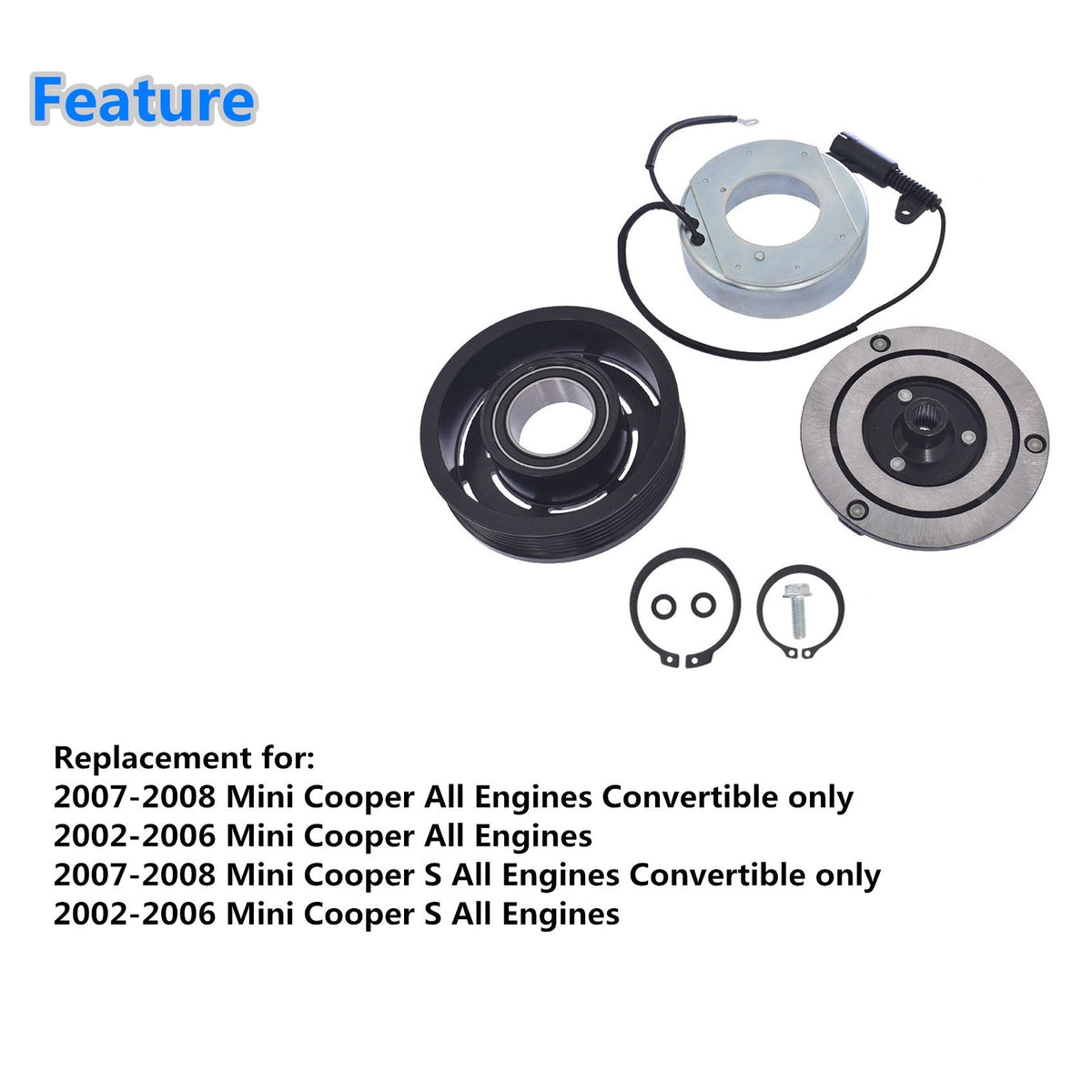 AC Compressor CVC Clutch Kit Pulley Coil For 02 - 08 Mini Cooper 6 Groove 1.6L Lab Work Auto