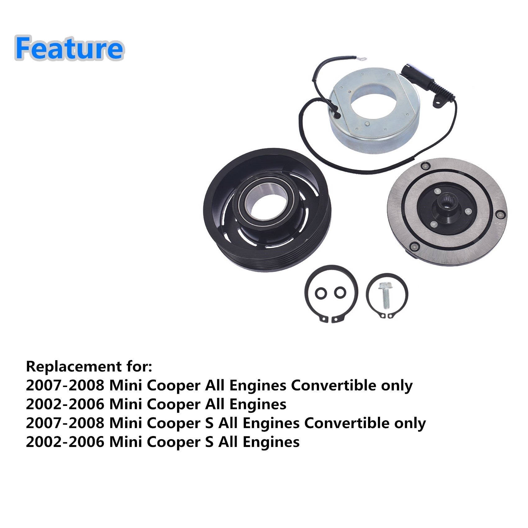 AC Compressor CVC Clutch Kit Pulley Coil For 02 - 08 Mini Cooper 6 Groove 1.6L Lab Work Auto