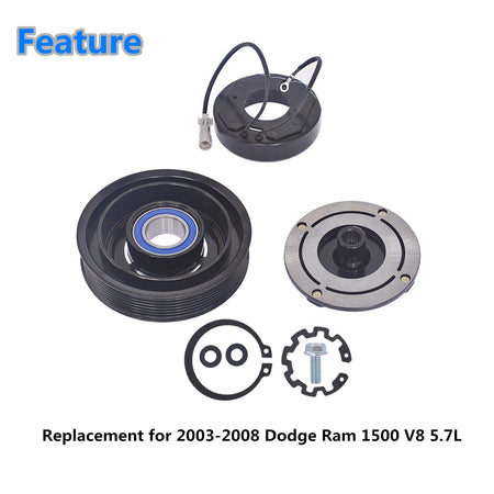 AC Compressor Clutch Kit Pulley Coil Fit For 03 -08 Dodge Ram 1500 5.7L V8 Lab Work Auto