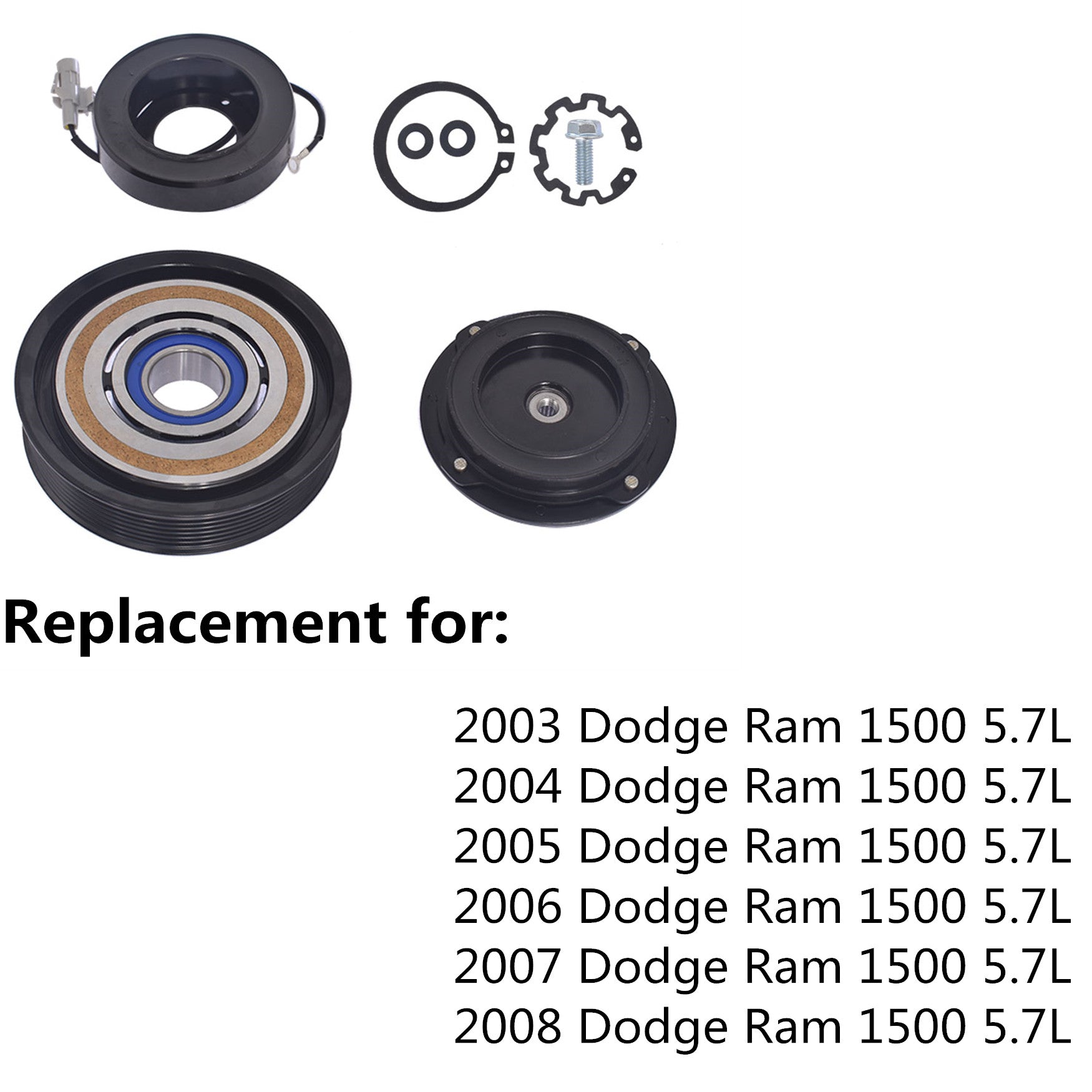 AC Compressor Clutch Kit Pulley Coil Fit For 03 -08 Dodge Ram 1500 5.7L V8 Lab Work Auto