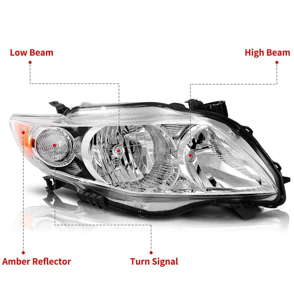 Headlamps Replacement Left+Right For Chrome 2009 2010 Toyota Corolla Headlights Lab Work Auto