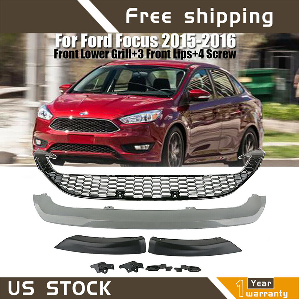Honeycomb Mesh Lower Bumper Grill & 3pc Front Lips for Ford Focus 2015-2016 Lab Work Auto