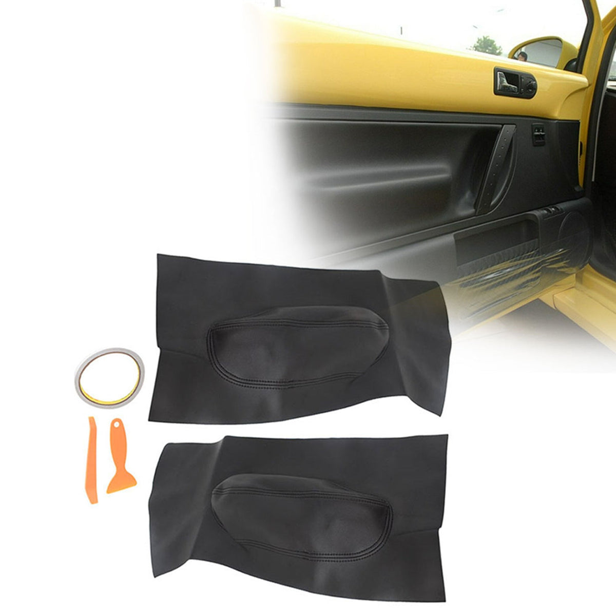 L+R Door Panel Insert Card Leather Cover Fit for Volkswagen Beetle 98-10 Black Lab Work Auto