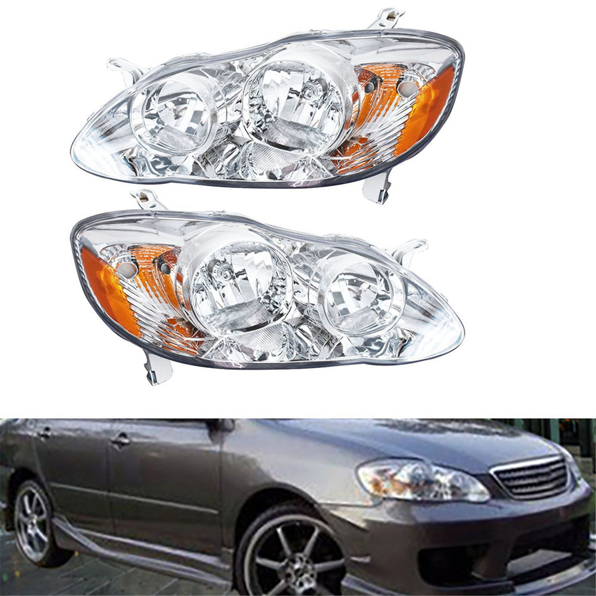LH+RH Replacement Chrome Headlights Fit for 2003 Corolla Headlights 2003-2008 Lab Work Auto
