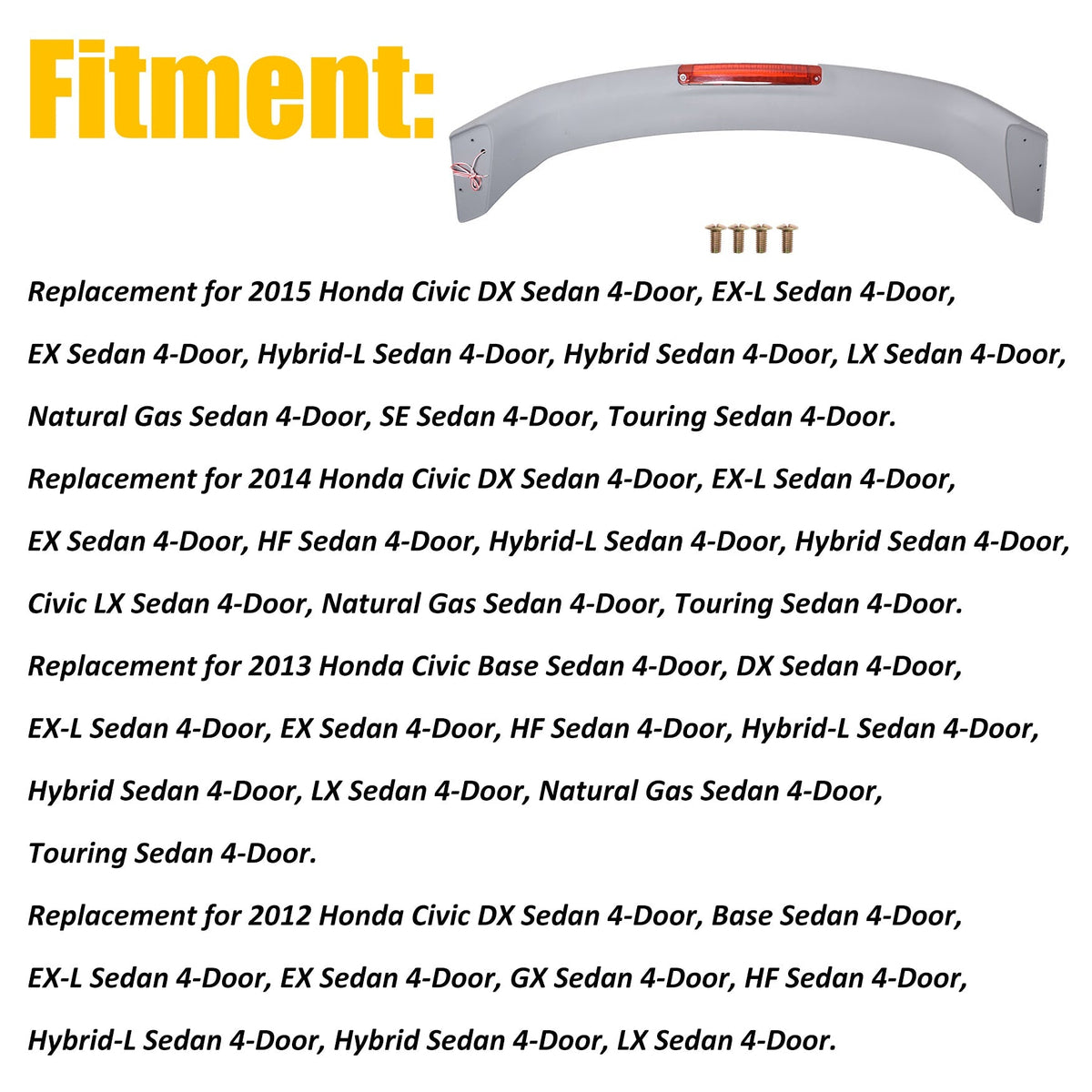 Labwork For 2013-2015 Honda Civic 4 Door Si Style Trunk Spoiler Wing Matte Black Lab Work Auto