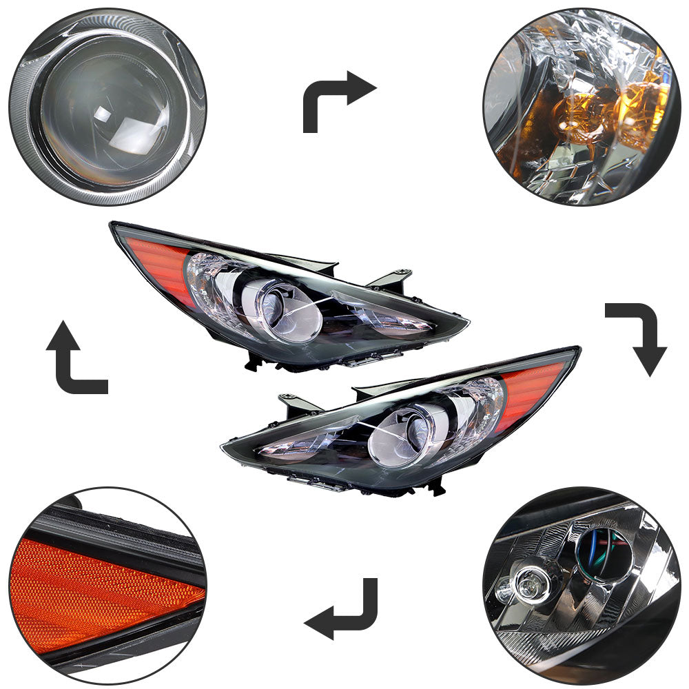 Labwork Headlight For 2011-14 Sonata Halogen Type Black Housing Clear Lens Pair Lab Work Auto