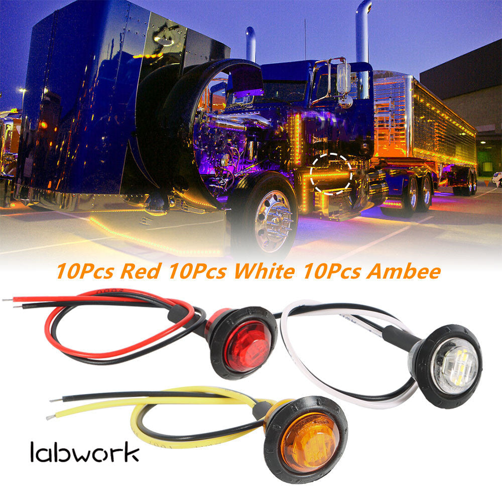 Labwork Truck Trailer Round Bullet Light Amber Red White 30X 3/4"12V Marker Lights LED Lab Work Auto