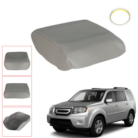 Leather Center Console Lid Armrest Cover Fit for 2009-2015 HONDA Pilot 3.5L Gray Lab Work Auto