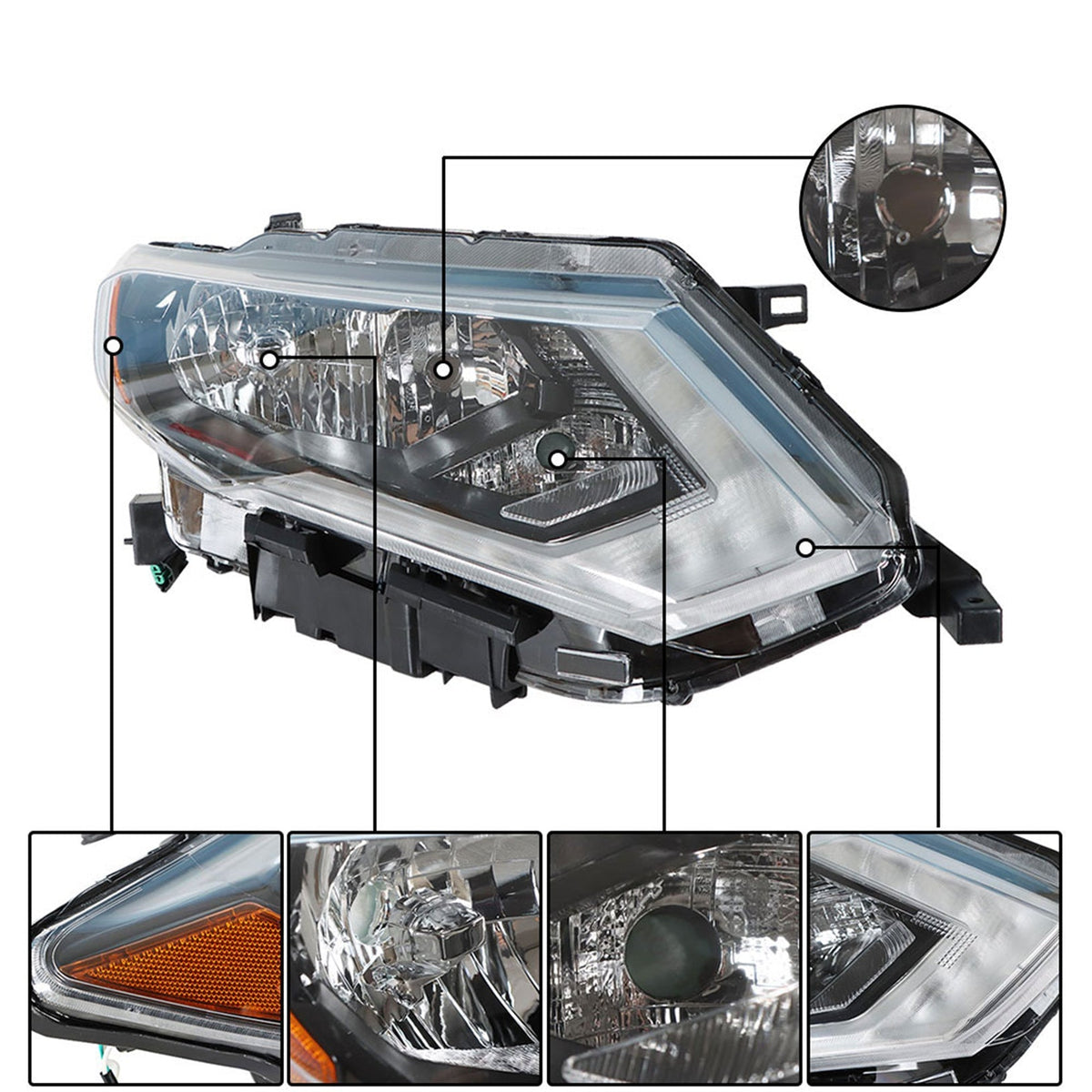 Right Side Headlamp For 2017-2019 Nissan Rogue Halogen Headlight Chrome Housing Lab Work Auto