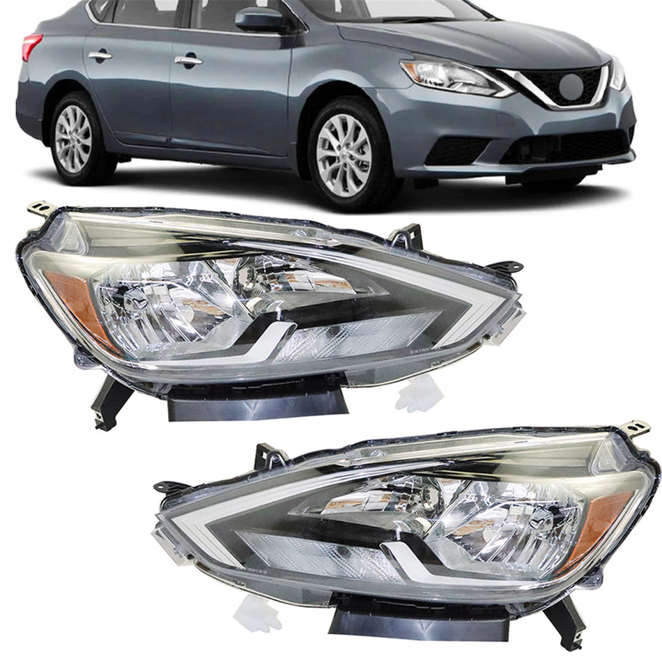 Headlights Replacement for 2016-2019 Nissan Sentra Halogen Type Projector Headlights Lamps Assembly Pair Left + Right (Passenger + Driver) Side