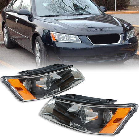 for 2006-2008 Hyundai Sonata Headlamps LH&RH Clear Lens Black Housing Headlights Lab Work Auto