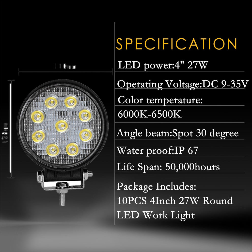 labwork 4inch 27W Round LED Work Lights Pod SPOT Beam Offroad Fog Driving Light Lab Work Auto