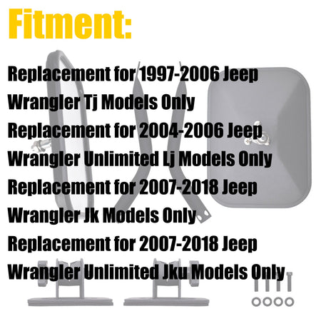 labwork Door Off Mirror Replacement for 1997-2018 Jeep Wrangler TJ JK 4x4 Off-road Morror Rectangular Mirrors Quick Release Side View Mirror Lab Work Auto
