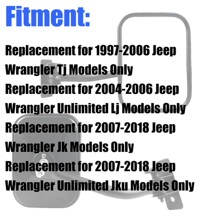labwork Door Off Mirror Replacement for 1997-2018 Jeep Wrangler TJ JK 4x4 Off-road Morror Rectangular Mirrors Quick Release Side View Mirror Lab Work Auto