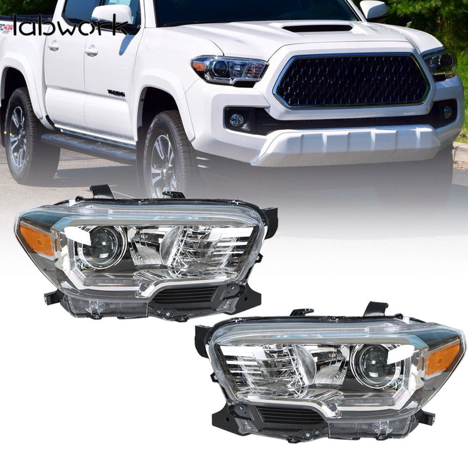 labwork Fit For 2016-2019 Toyota Tacoma Chrome Projector Headlamps w/LED DRL Lab Work Auto