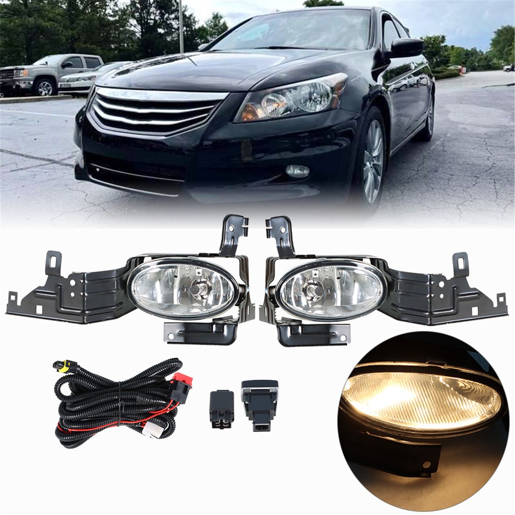labwork Fog Lights Assembly Replacement for 2011 2012 Honda Accord Sedan Clear Lens Bumper Fog Lamp Left+Right Side(Bulbs+Bezel+Switch) Lab Work Auto