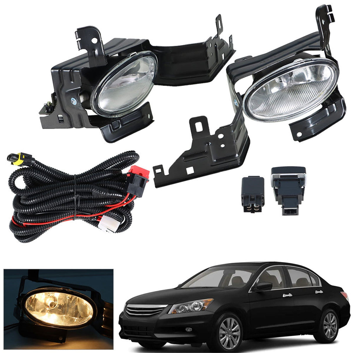 labwork Fog Lights Assembly Replacement for 2011 2012 Honda Accord Sedan Clear Lens Bumper Fog Lamp Left+Right Side(Bulbs+Bezel+Switch) Lab Work Auto