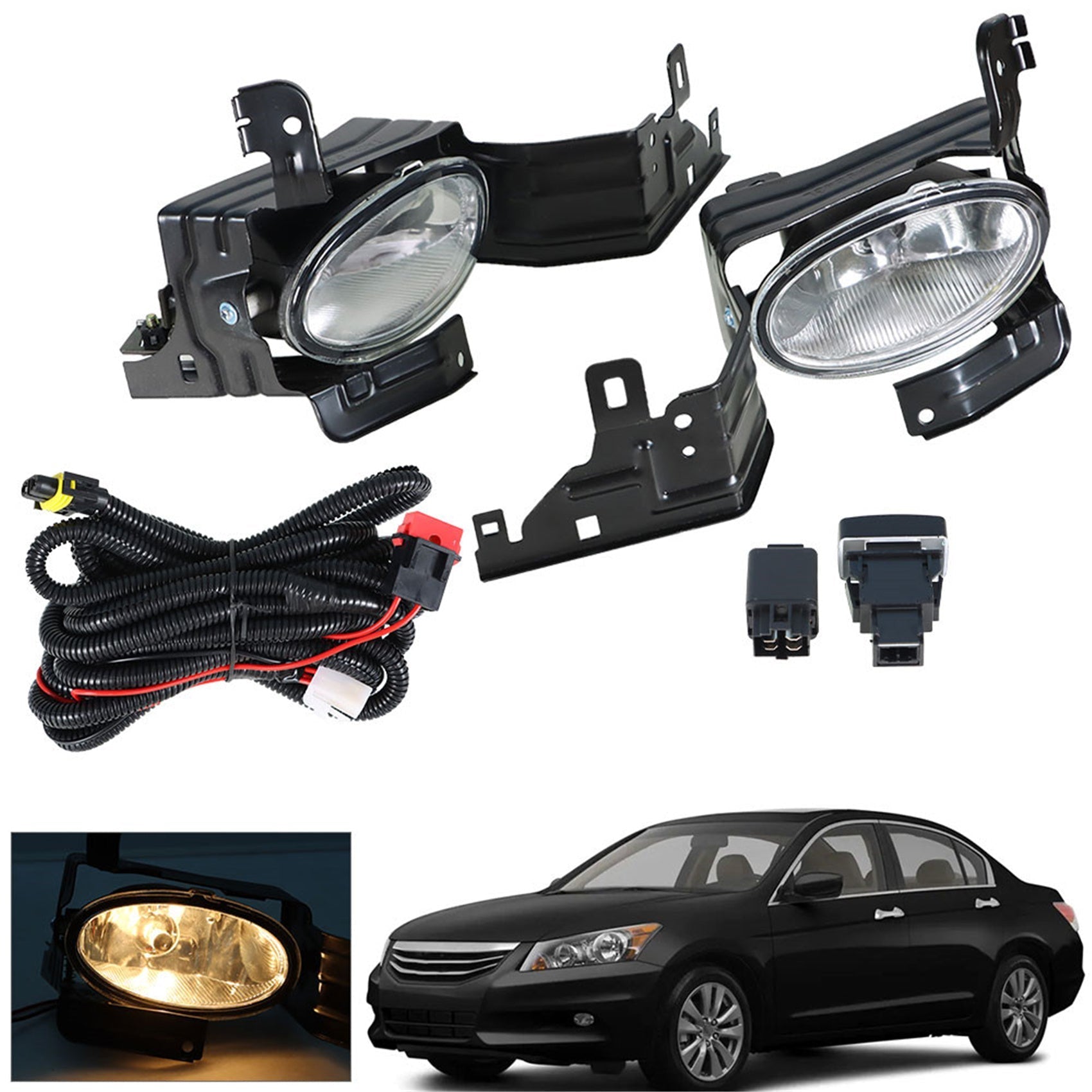 labwork Fog Lights Assembly Replacement for 2011 2012 Honda Accord Sedan Clear Lens Bumper Fog Lamp Left+Right Side(Bulbs+Bezel+Switch) Lab Work Auto
