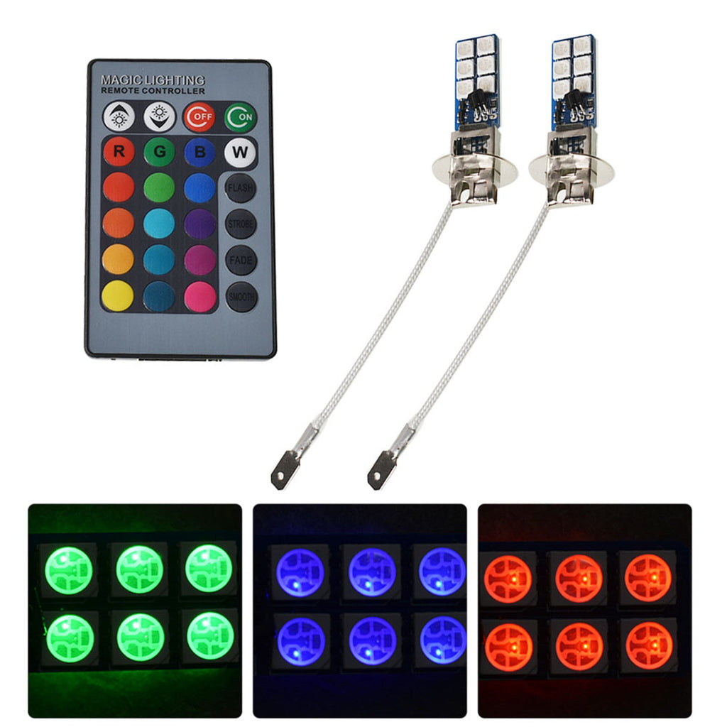 labwork RGB Multi-Color Remote Control H3 Fog Driving Lights 12-SMD LED Bulbs - Lab Work Auto