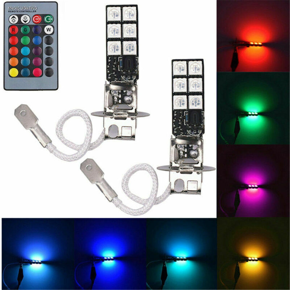 labwork RGB Multi-Color Remote Control H3 Fog Driving Lights 12-SMD LED Bulbs - Lab Work Auto