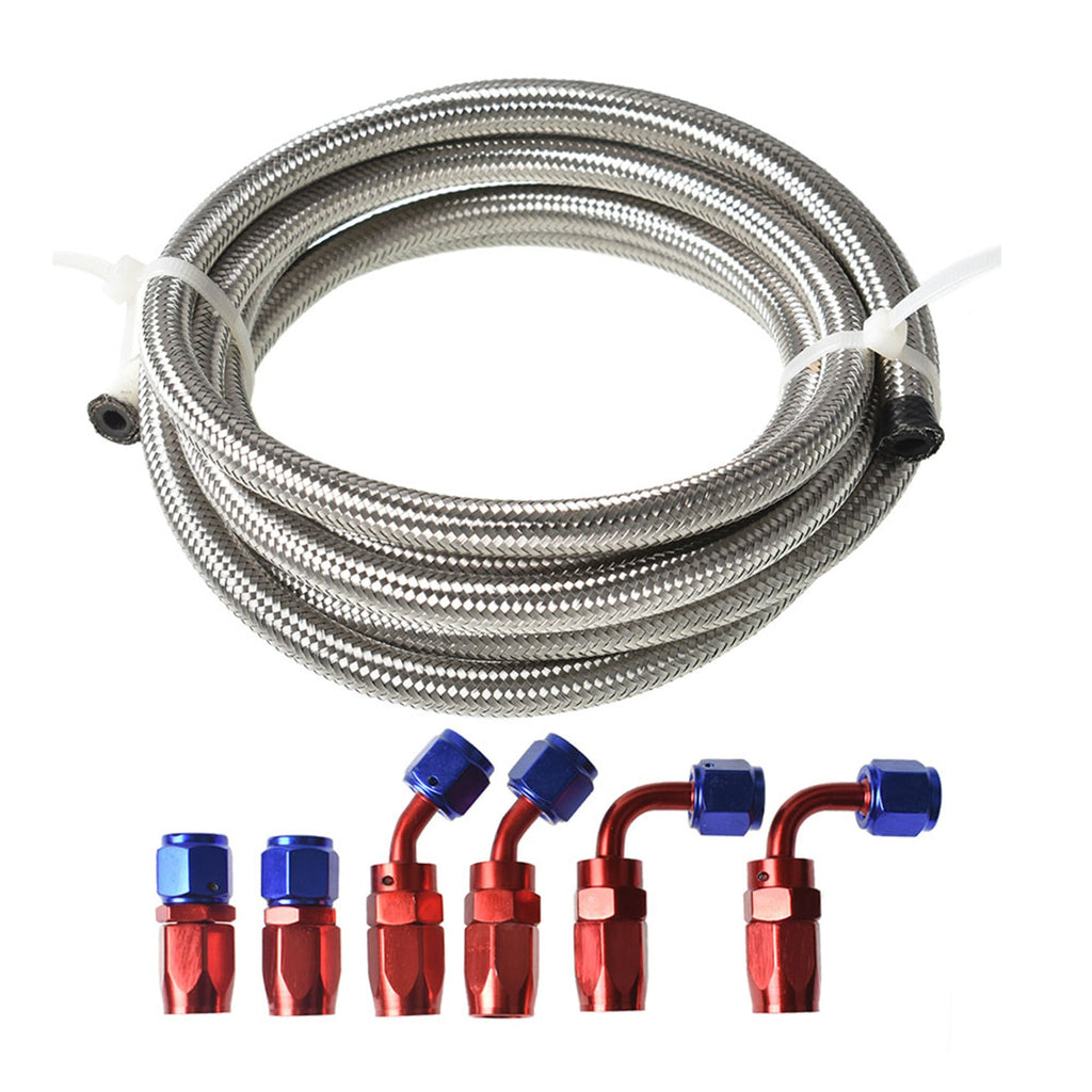 labwork Universal Oil Fuel Line Hose 10 Ft 4 AN double Stainless Steel Braided w/ 6 Pcs Swivel Fitting Hose Ends Adapter Kit, Blue & Red